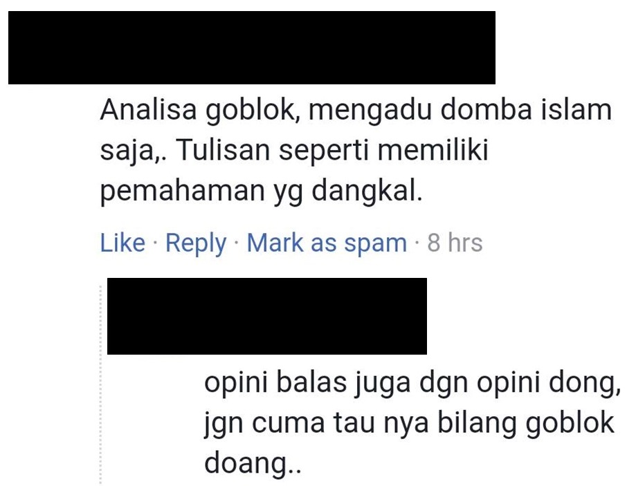 Menyerang pribadi, bukan pada argumentasi (Screen capture sesi komentar di salah satu artikel dalam FB Fanpage seword)