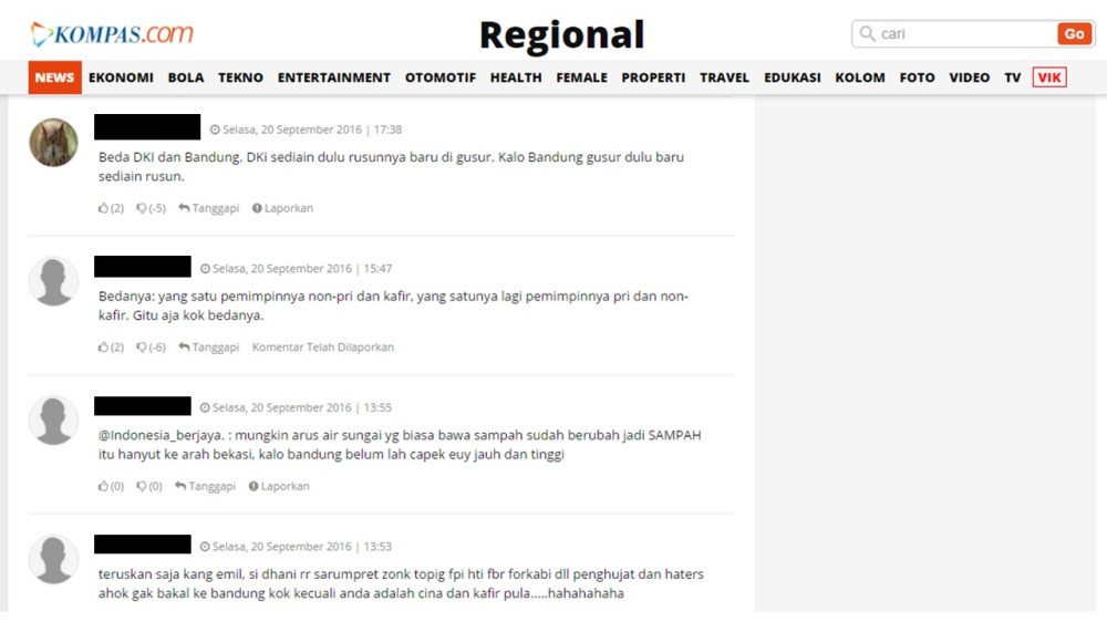 Ini adalah screen capture bagian komentar dari berita http://regional.kompas.com/read/2016/09/19/21121861/soal.penggusuran.ini.beda.jakarta.dengan.bandung.menurut.ridwan.kamil